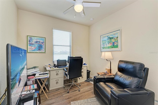 office space featuring ceiling fan and light hardwood / wood-style flooring