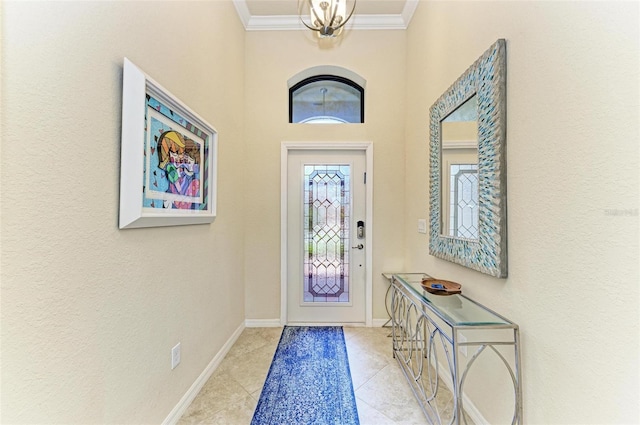 6547 Willowshire Way, Bradenton, FL 34212 - doorway to outside with crown molding, tile patterned floors, baseboards, and a chandelier