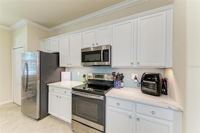 6547 Willowshire Way, Bradenton, FL 34212 - kitchen with appliances with stainless steel finishes, backsplash, ornamental molding, white cabinets, and light stone counters