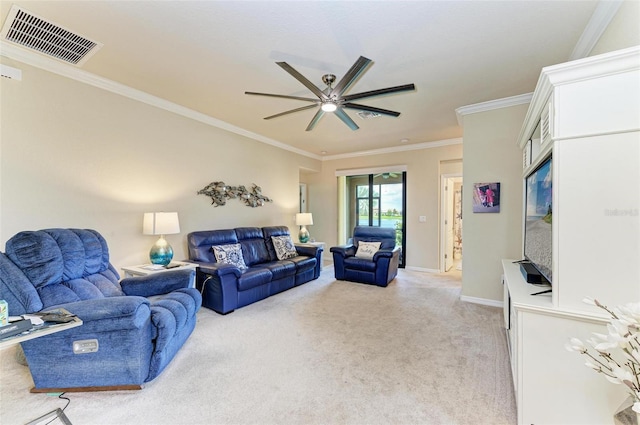 6547 Willowshire Way, Bradenton, FL 34212 - living area featuring light colored carpet, ceiling fan, crown molding, and baseboards