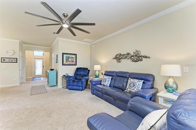 6547 Willowshire Way, Bradenton, FL 34212 - living area featuring ornamental molding, ceiling fan, light carpet, and baseboards