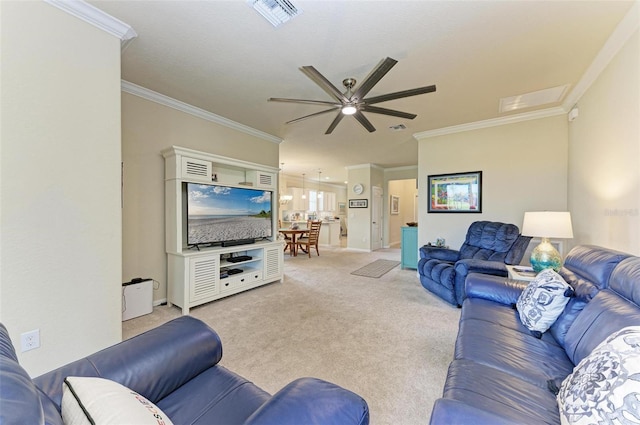 6547 Willowshire Way, Bradenton, FL 34212 - living room with crown molding, ceiling fan, light carpet, and baseboards