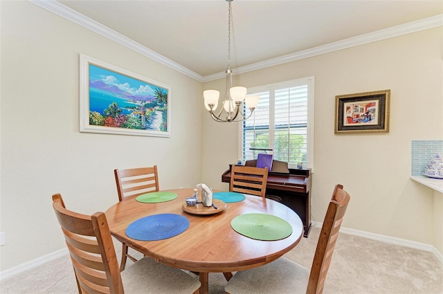 6547 Willowshire Way, Bradenton, FL 34212 - dining space with light carpet, a chandelier, crown molding, and baseboards