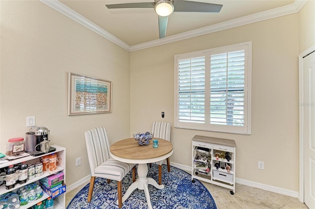 6547 Willowshire Way, Bradenton, FL 34212 - tiled dining area with crown molding, a ceiling fan, and baseboards
