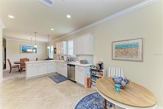 6547 Willowshire Way, Bradenton, FL 34212 - kitchen featuring stainless steel dishwasher, a sink, ornamental molding, a peninsula, and light countertops