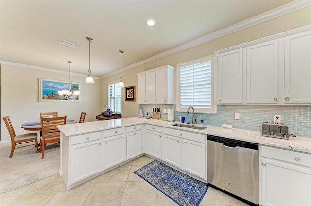 6547 Willowshire Way, Bradenton, FL 34212 - kitchen with dishwasher, a sink, a peninsula, crown molding, and backsplash