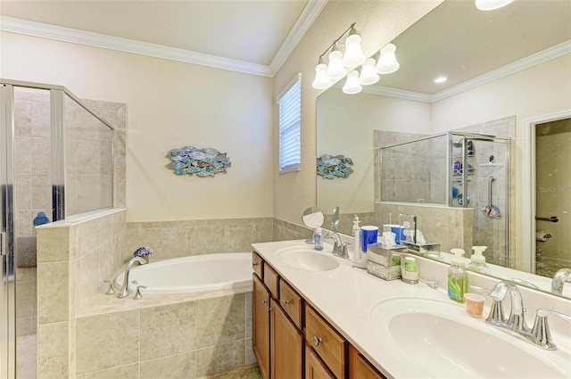 6547 Willowshire Way, Bradenton, FL 34212 - full bathroom with a stall shower, a bath, double vanity, and crown molding