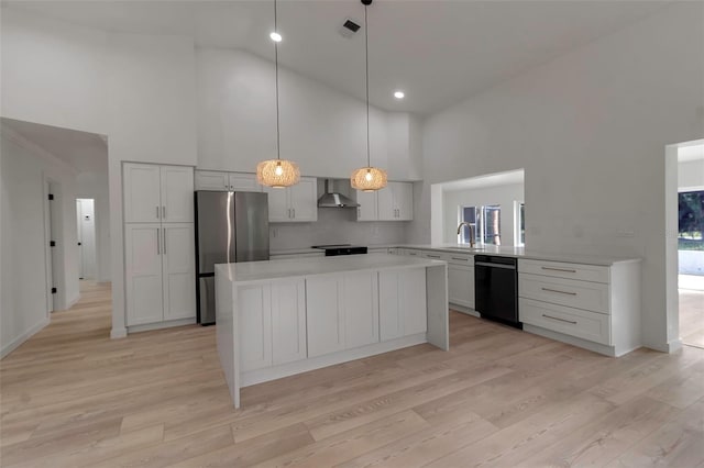 2303 89th St NW, Bradenton, FL 34209 - kitchen featuring black dishwasher, freestanding refrigerator, high vaulted ceiling, wall chimney range hood, and light countertops