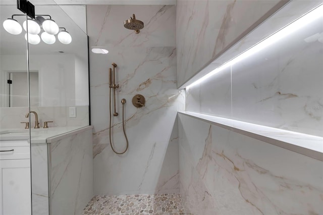 bathroom with walk in shower and tile walls