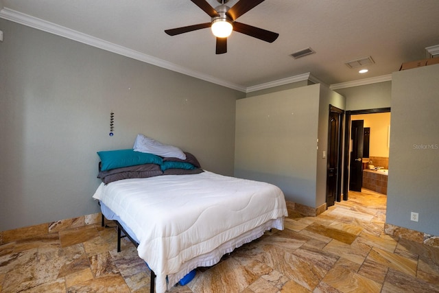 bedroom featuring ornamental molding, ceiling fan, and ensuite bathroom