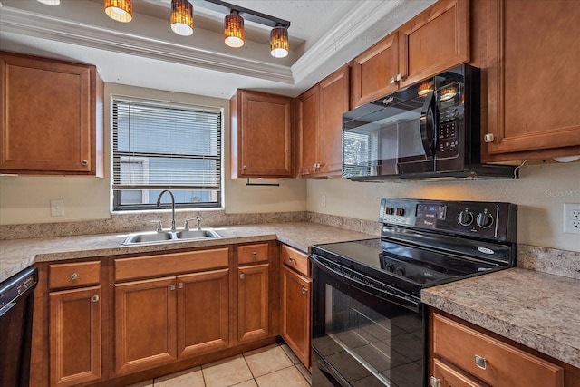 kitchen with crown molding, light tile patterned flooring, black appliances, and sink