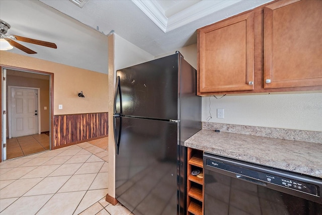 kitchen featuring ceiling fan, black appliances, and light tile patterned floors