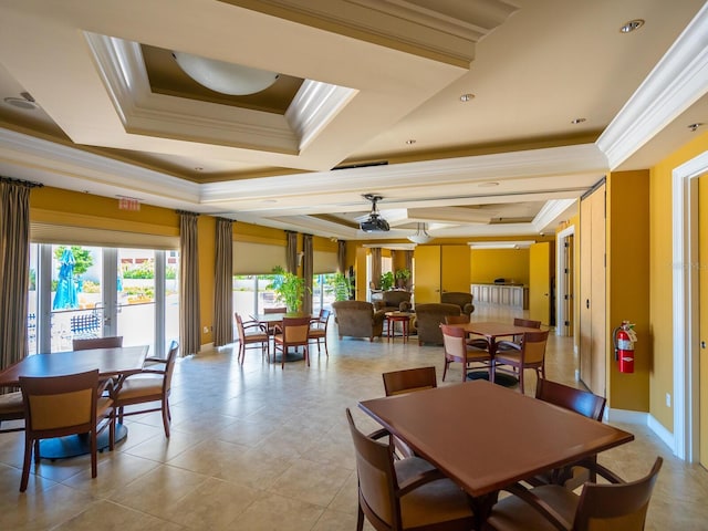 dining area featuring french doors, crown molding, light tile patterned floors, a raised ceiling, and ceiling fan