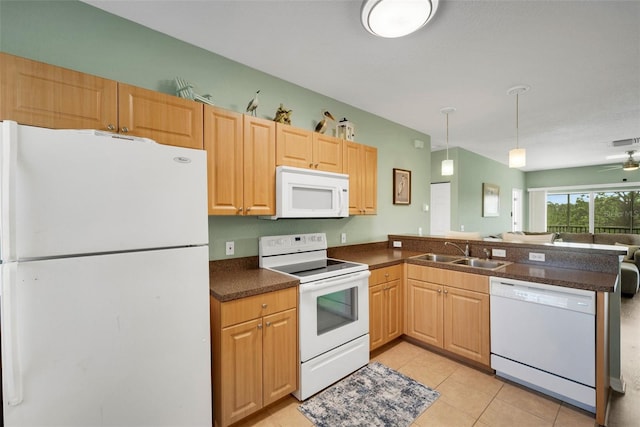 kitchen with ceiling fan, light tile patterned flooring, sink, decorative light fixtures, and white appliances