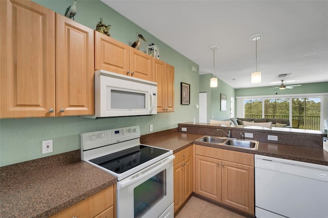 kitchen with ceiling fan, light tile patterned floors, sink, decorative light fixtures, and white appliances