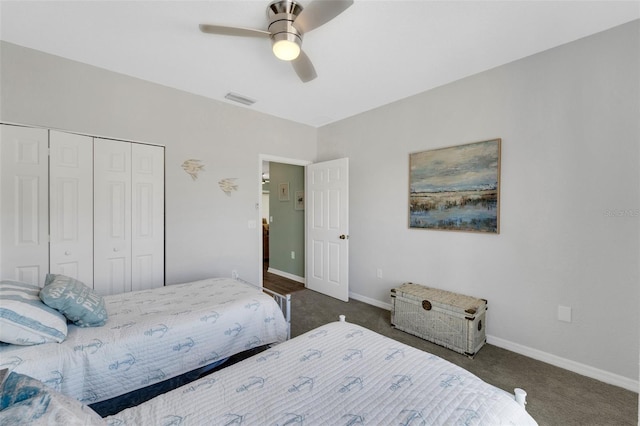 carpeted bedroom with a closet and ceiling fan