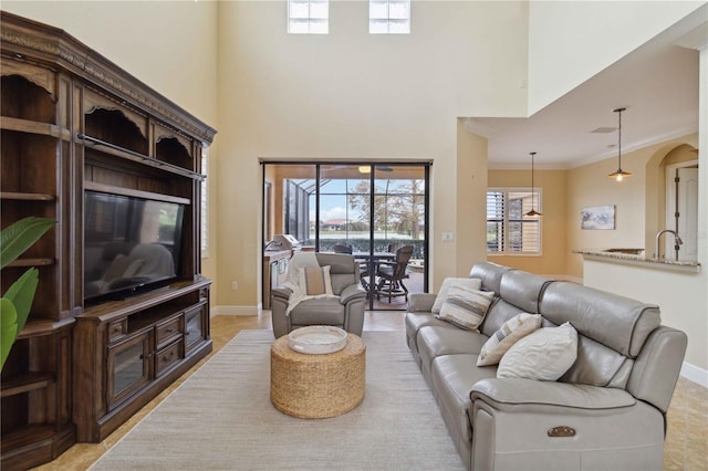 living room featuring a high ceiling and crown molding