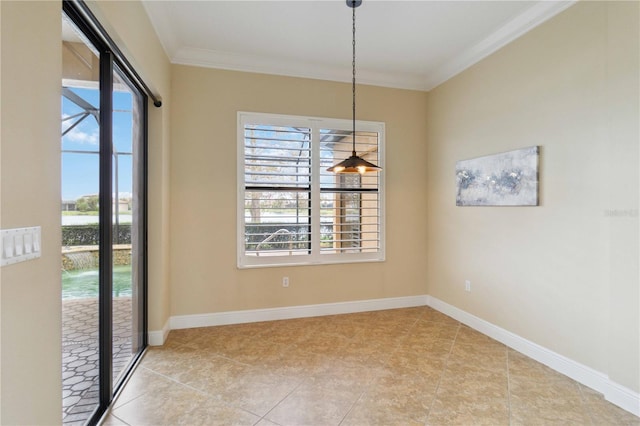 unfurnished dining area featuring plenty of natural light, light tile patterned floors, and crown molding