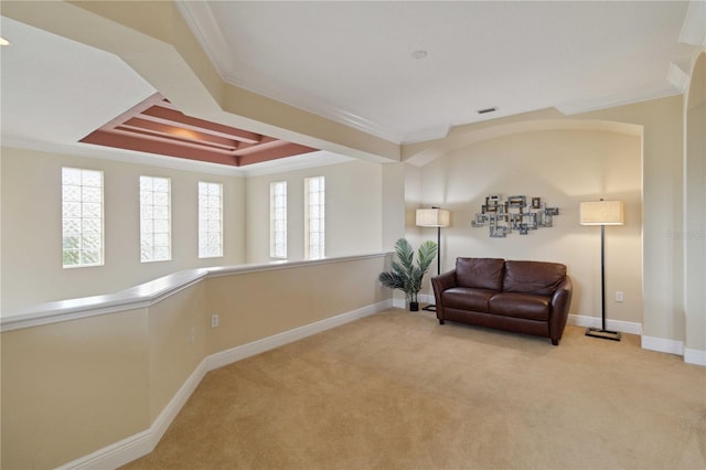 sitting room featuring ornamental molding, light colored carpet, and a tray ceiling