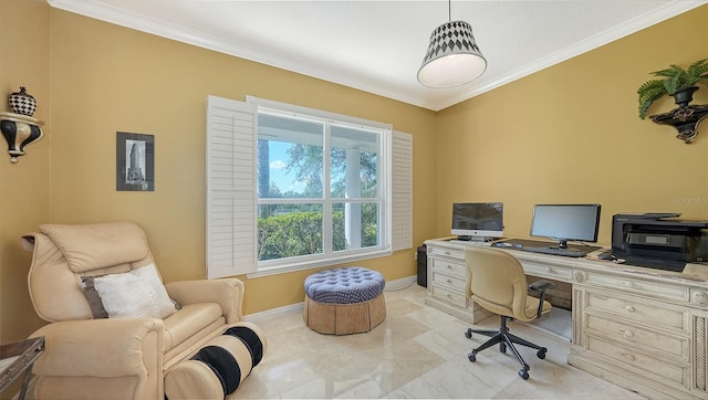 office area featuring crown molding