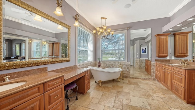 bathroom featuring vanity, a tub to relax in, a notable chandelier, and ornamental molding