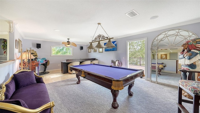 rec room featuring crown molding, ceiling fan, pool table, and plenty of natural light