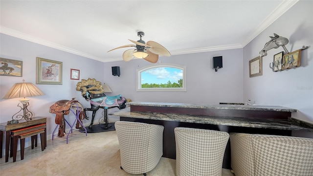 interior space with crown molding and ceiling fan