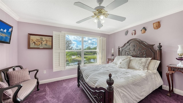 bedroom with ceiling fan, ornamental molding, a textured ceiling, and dark carpet