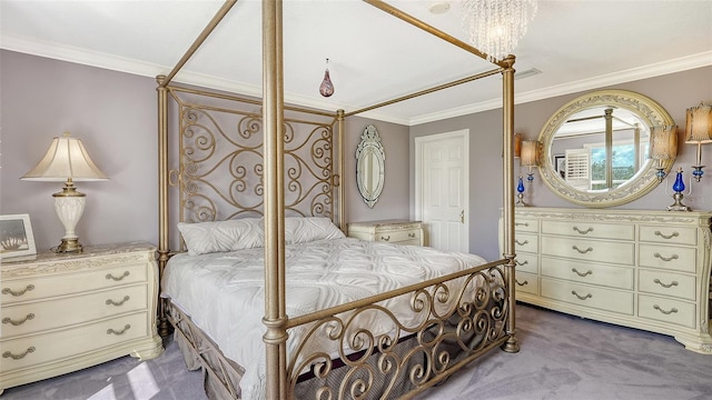 carpeted bedroom featuring crown molding