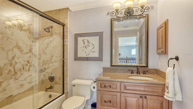 full bathroom with vanity, crown molding, enclosed tub / shower combo, and toilet