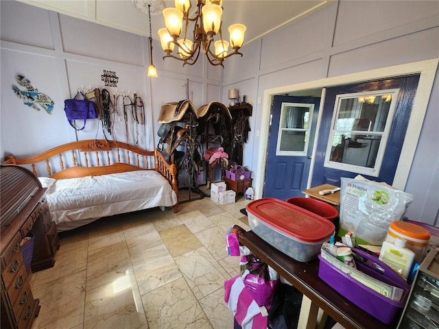 bedroom with a chandelier