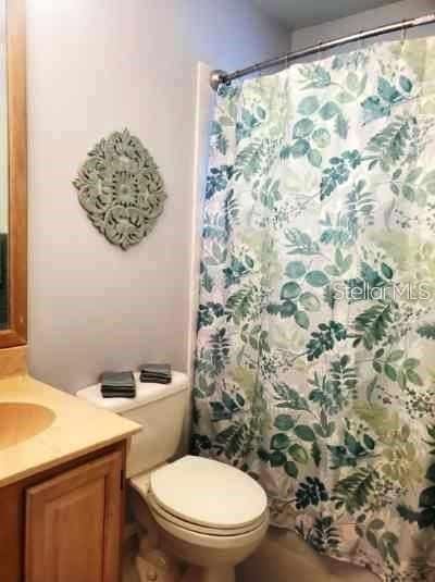 bathroom featuring vanity, toilet, and a shower with shower curtain