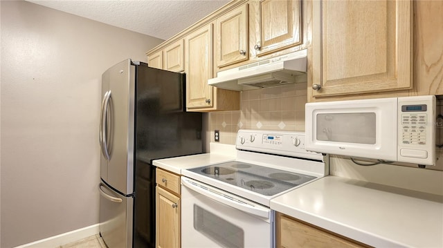 kitchen featuring backsplash, light brown cabinetry, and white appliances