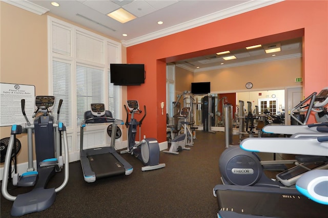 gym with ornamental molding