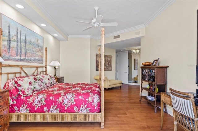 bedroom featuring hardwood / wood-style flooring and ornamental molding