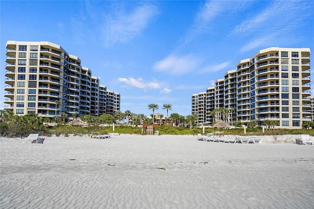 view of building exterior with a water view