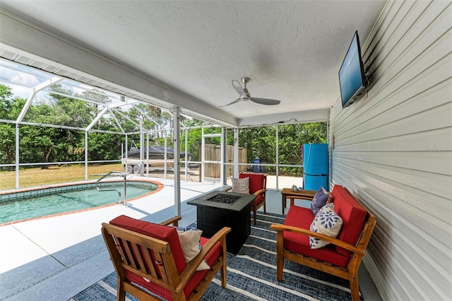 view of patio / terrace with an outdoor hangout area, a lanai, and ceiling fan