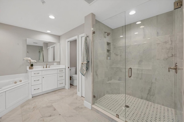 full bathroom with vanity, toilet, and shower with separate bathtub