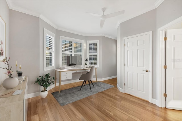 office area with light hardwood / wood-style floors, ceiling fan, and ornamental molding