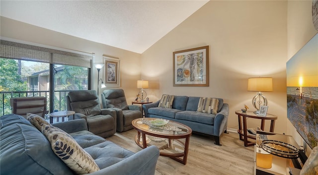 living room featuring light hardwood / wood-style floors and high vaulted ceiling