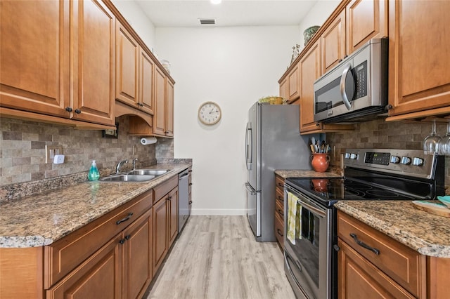 kitchen with stainless steel appliances, sink, light wood-type flooring, and decorative backsplash