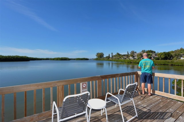 dock area with a deck with water view