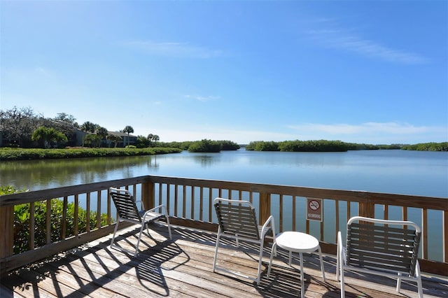 wooden terrace featuring a water view