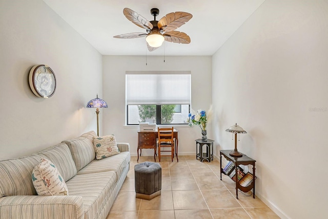 tiled living room with ceiling fan