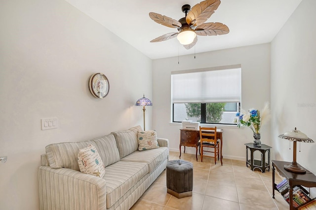 tiled living room with ceiling fan