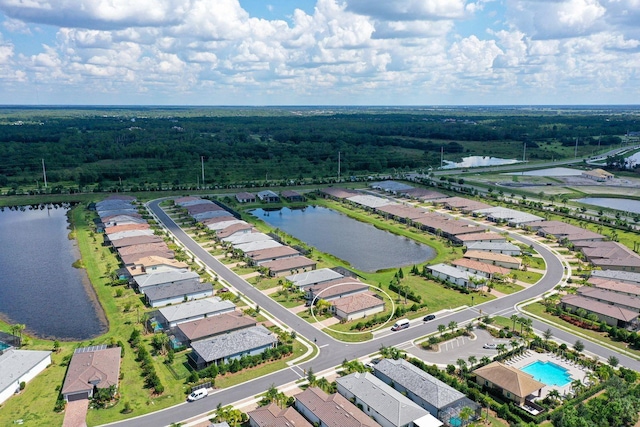 drone / aerial view featuring a water view