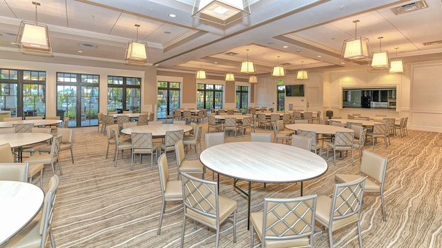 dining space with light carpet and ornamental molding