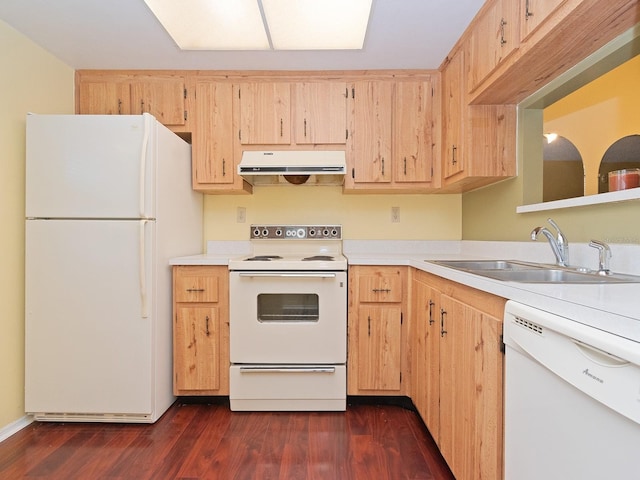 kitchen featuring white appliances, light brown cabinetry, sink, and dark hardwood / wood-style flooring