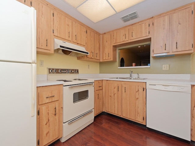 kitchen featuring light brown cabinetry, dark hardwood / wood-style floors, white appliances, and sink