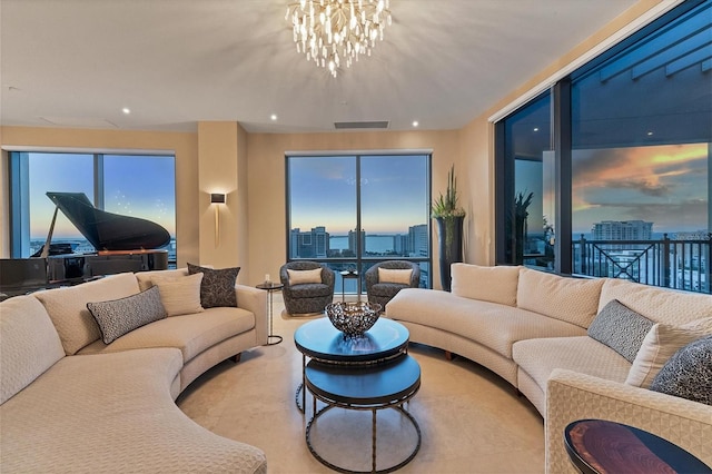 living room featuring a notable chandelier